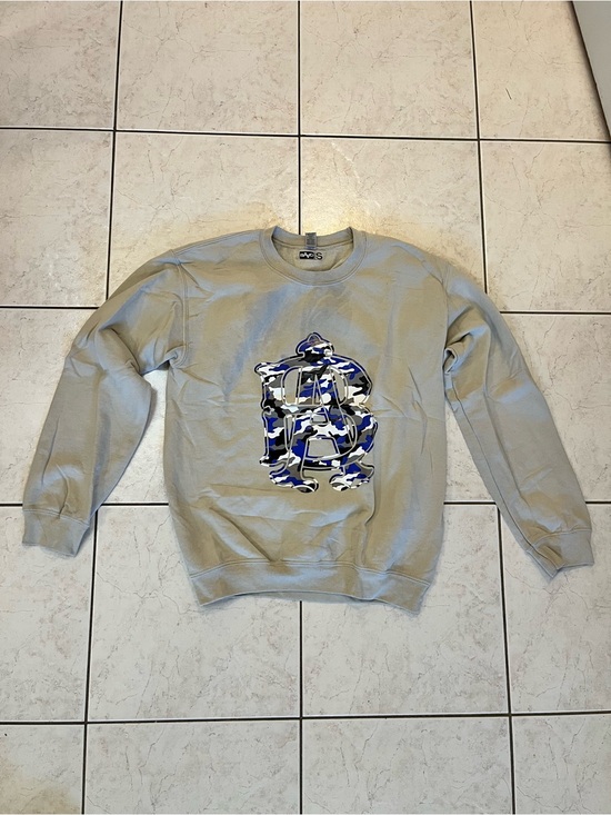 Bape Pants - Bape Light Gray Crewneck Sweatshirt with Blue Camo LA Graphic